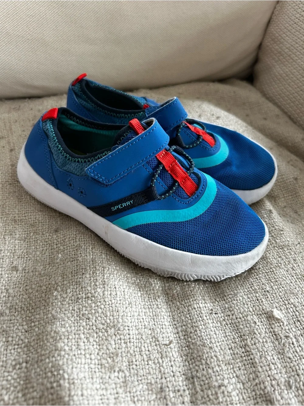 Sperry Kids Blue and Teal Slip-On Water Shoes with Red Accent